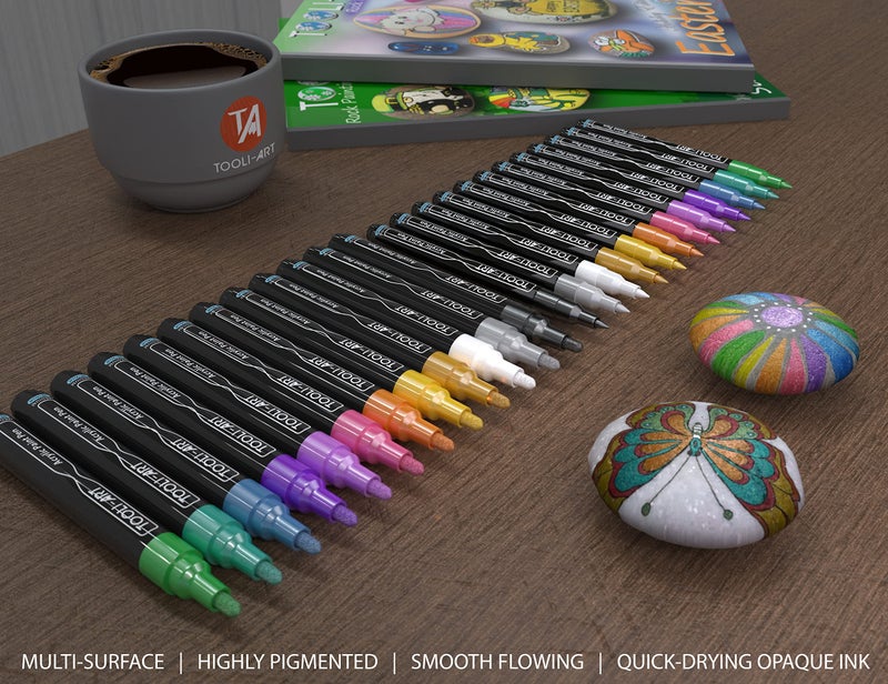 TOOLI-ART Acrylic Paint Markers Paint Pens Special Colors Set Extra Fine And Medium Tip Combo For Rock Painting, Canvas, Fabric, Glass, Mugs, Wood, Ceramics, Plastic, Multi-Surface. Non Toxic, (METALLIC) - Image 3